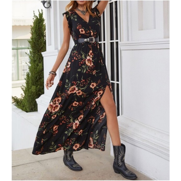 Boho Floral Print V neck Ruffle Cap Sleeve Maxi Dress - Picture 1 of 3